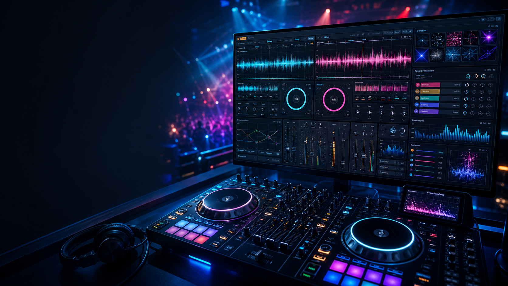 Professional DJ software workstation with dual decks, waveforms, mixer controls, stem layers, and live venue lighting