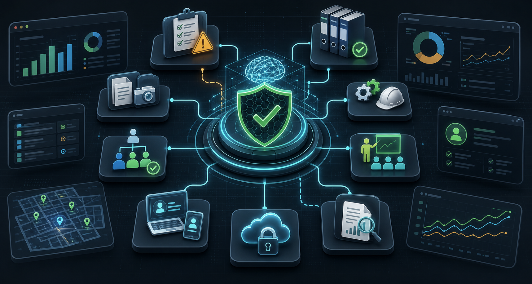 SafeWork AI safety intelligence workflow with hazard intake, risk scoring, compliance, actions, training, audit trail, and reporting